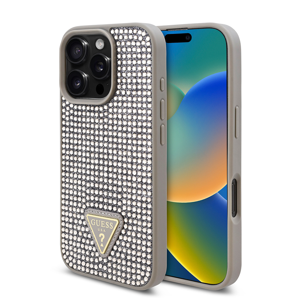 Apple iPhone 16 Pro Uyumlu Kılıf Guess Orjinal Lisanslı Taşlı Arka Yüzey Üçgen Logolu Kapak