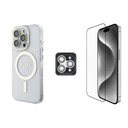Apple iPhone 16 Pro Uyumlu Guess Orjinal Lisanslı 3'lü Aksesuar Seti IML Baskılı Simli Glitter Kılıf + Ekran Koruyucu + Lens Koruyucu