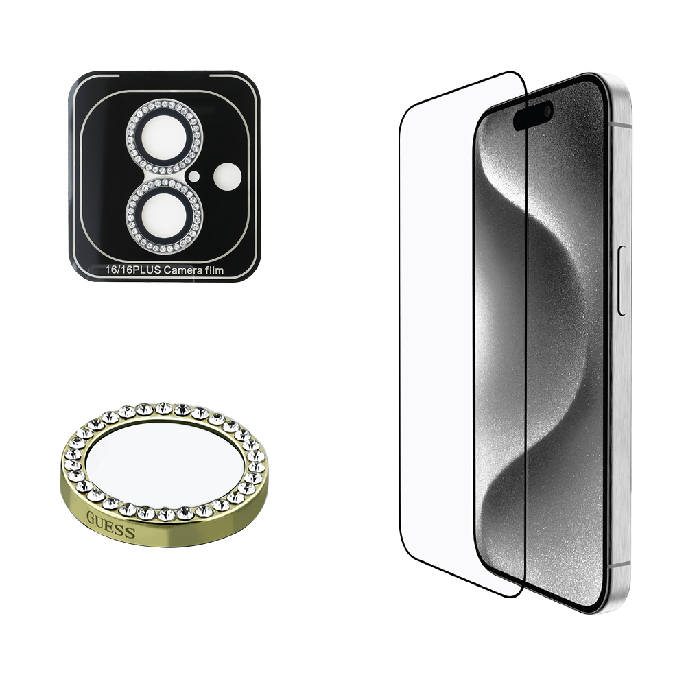 Apple iPhone 16 Plus Uyumlu Guess Orjinal Lisanslı Rhinestone Ekran Koruyucu + Lens Koruyucu 2in1 Aksesuar Seti