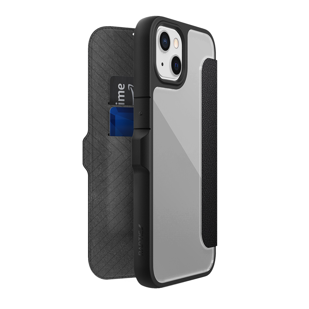 Apple iPhone 13 Uyumlu Kılıf Vegan Deri Tasarımlı Şeffaf Arka Yüzey Kartlıklı Raptic Urban Folio Serisi Kapak