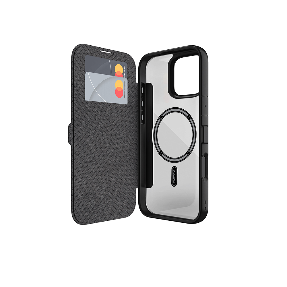 Apple iPhone 16 Pro Uyumlu Kılıf M-safe Şarj Özellikli Vegan Deri Tasarımlı Şeffaf Arka Yüzey Kartlıklı Raptic Urban Folio Serisi Kapak