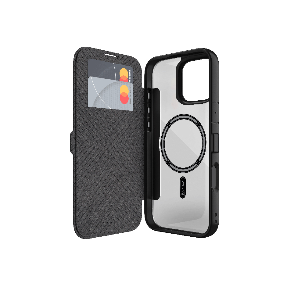 [RNZ-TA114280] Apple iPhone 16 Uyumlu Kılıf M-safe Şarj Özellikli Vegan Deri Tasarımlı Şeffaf Arka Yüzey Kartlıklı Raptic Urban Folio Serisi Kapak