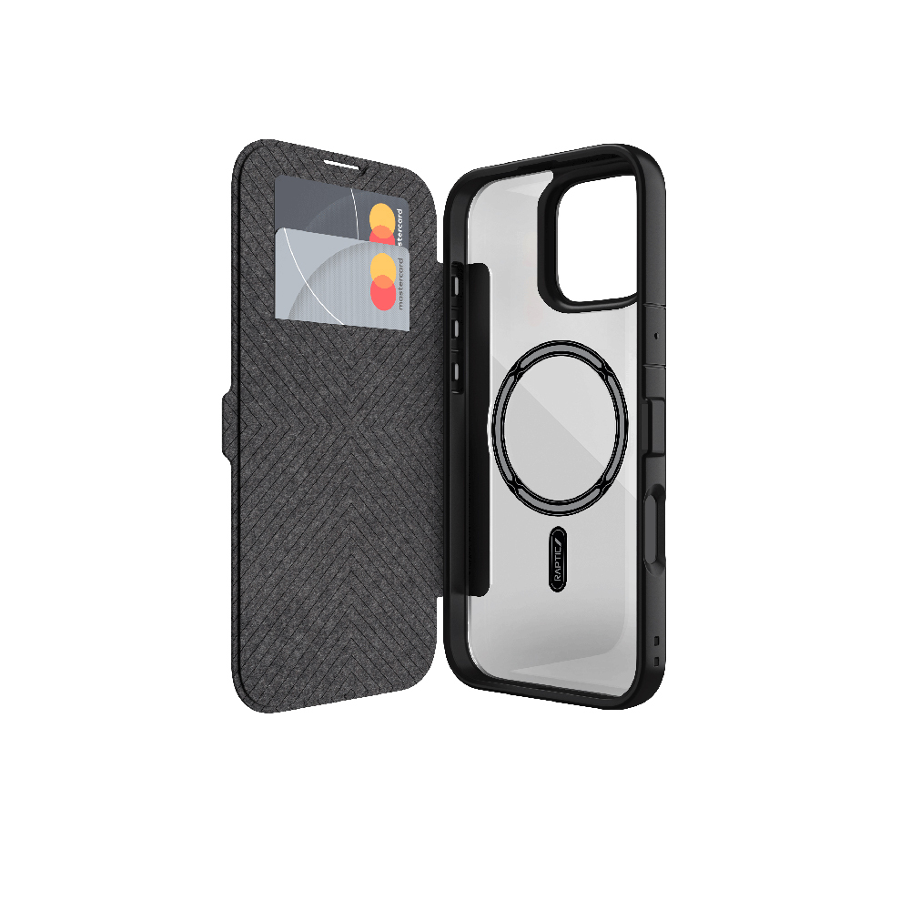 [RNZ-TA114284] Apple iPhone 16 Plus Uyumlu Kılıf M-safe Şarj Özellikli Vegan Deri Tasarımlı Şeffaf Arka Yüzey Kartlıklı Raptic Urban Folio Serisi Kapak