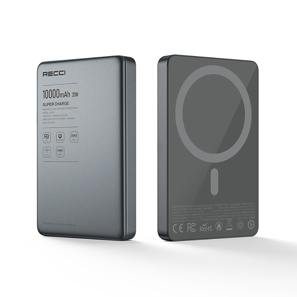 [RNZ-TA117533] Recci RP35 PD 20W Led Göstergeli Hızlı Şarj Özellikli Wireless Powerbank 15W 10000mAh (Gri)