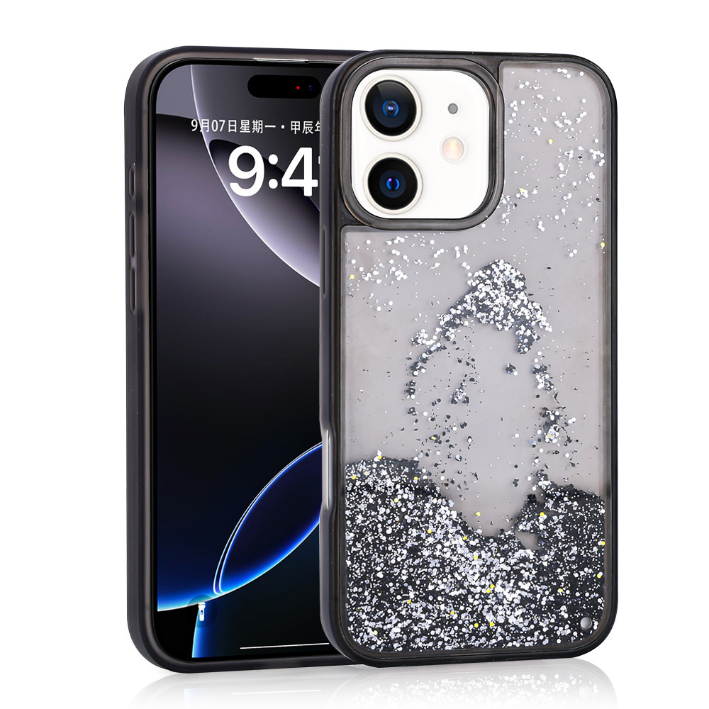[RNZ-TA114560] Apple iPhone 11 Uyumlu Kılıf Sıvılı Simli Şeffaf Arka Yüzey Zore Keto Silikon Kapak (Siyah)