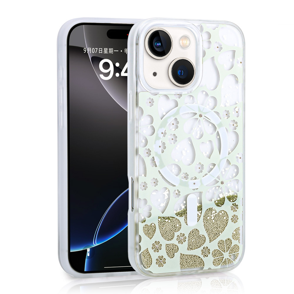 Apple iPhone 13 Uyumlu Kılıf Sıvılı Simli Baskılı Şeffaf Arka Yüzey Zore Mossa Silikon Kapak