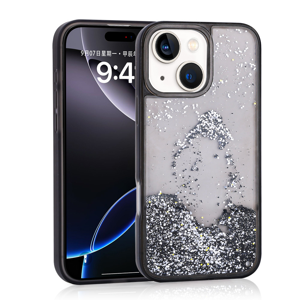 [RNZ-TA114584] Apple iPhone 15 Uyumlu Kılıf Sıvılı Simli Şeffaf Arka Yüzey Zore Keto Silikon Kapak (Siyah)