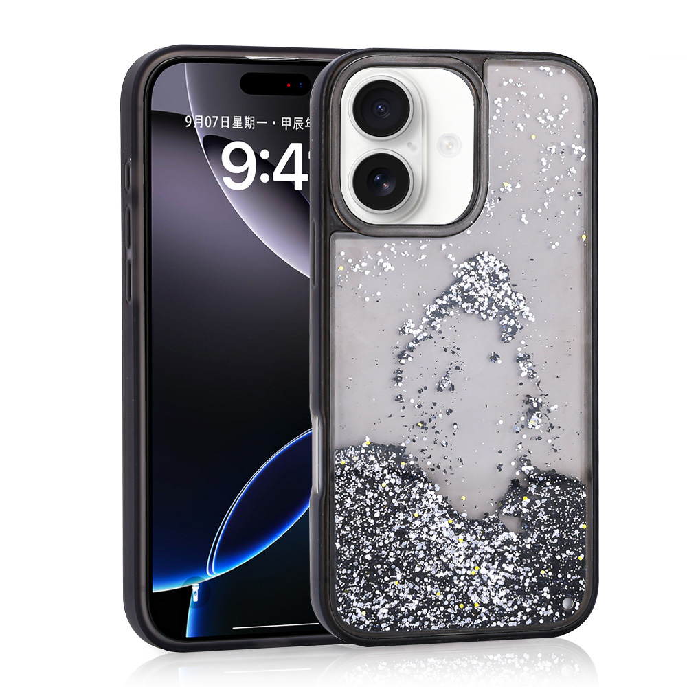 [RNZ-TA114592] Apple iPhone 16 Uyumlu Kılıf Sıvılı Simli Şeffaf Arka Yüzey Zore Keto Silikon Kapak (Siyah)