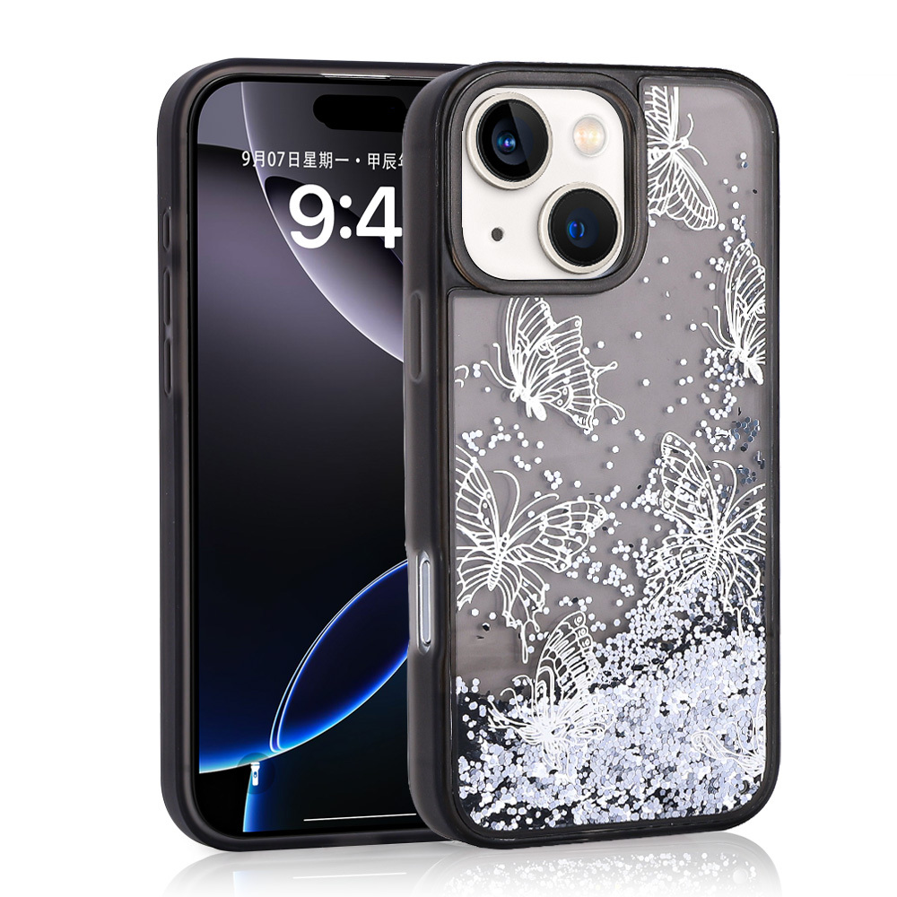[RNZ-TA114623] Apple iPhone 15 Uyumlu Kılıf Sıvılı Simli Kelebek Baskılı Şeffaf Arka Yüzey Zore Glis Silikon Kapak (Siyah)