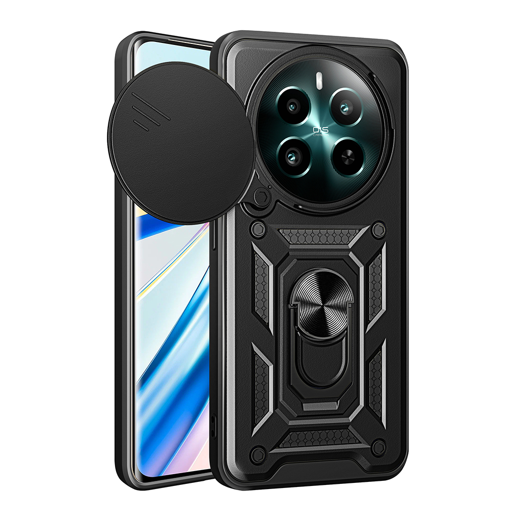 [RNZ-TA114559] Realme 12 Plus Uyumlu Kılıf Magnetik Standlı Kamera Korumalı Zore Sürgülü Vega Kapak (Siyah)