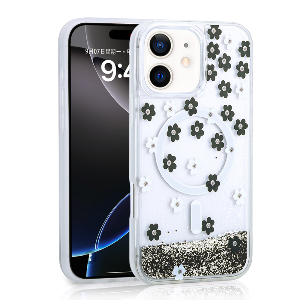 [RNZ-TA114643] Apple iPhone 12 Uyumlu Kılıf Sıvılı Simli Baskılı Şeffaf Arka Yüzey Zore Mossa Silikon Kapak (Siyah)