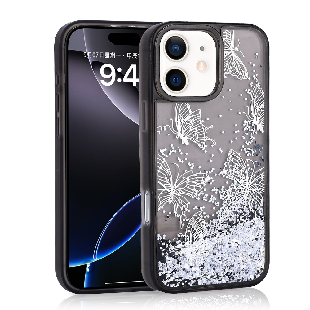 [RNZ-TA114604] Apple iPhone 11 Uyumlu Kılıf Sıvılı Simli Kelebek Baskılı Şeffaf Arka Yüzey Zore Glis Silikon Kapak (Siyah)