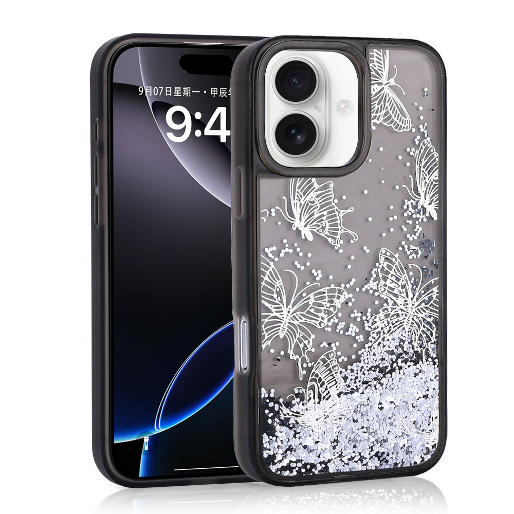 [RNZ-TA114629] Apple iPhone 16 Uyumlu Kılıf Sıvılı Simli Kelebek Baskılı Şeffaf Arka Yüzey Zore Glis Silikon Kapak (Siyah)