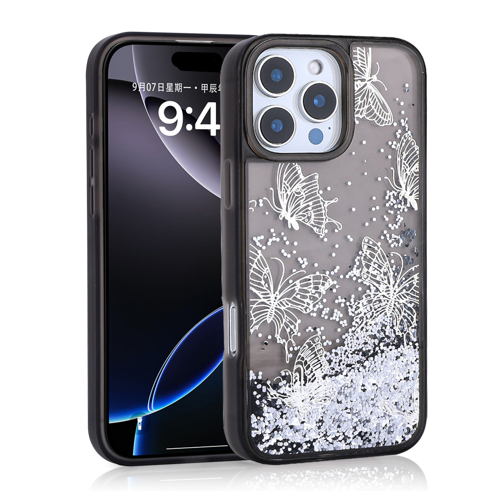 Apple iPhone 16 Pro Uyumlu Kılıf Sıvılı Simli Kelebek Baskılı Şeffaf Arka Yüzey Zore Glis Silikon Kapak