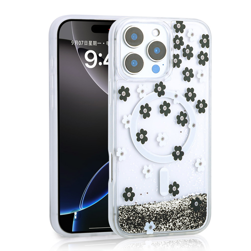 [RNZ-TA114673] Apple iPhone 15 Pro Max Uyumlu Kılıf Sıvılı Simli Baskılı Şeffaf Arka Yüzey Zore Mossa Silikon Kapak (Siyah)