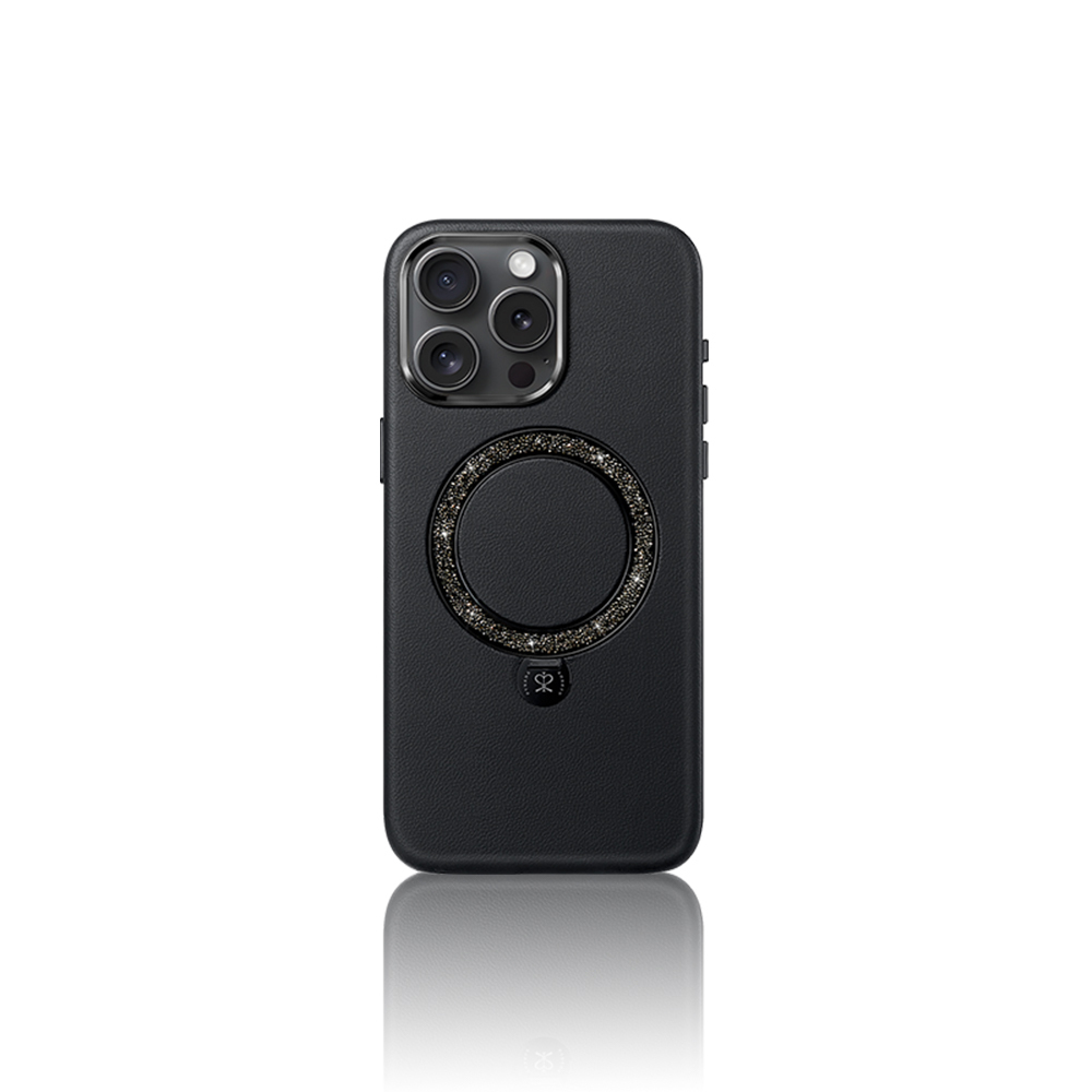 [RNZ-TA115310] Apple iPhone 16 Pro Max Uyumlu Kılıf M-safe Şarj Özellikli Standlı Suni Deri Tasarımlı Pynana Dancing Circle Serisi Kapak (Siyah)