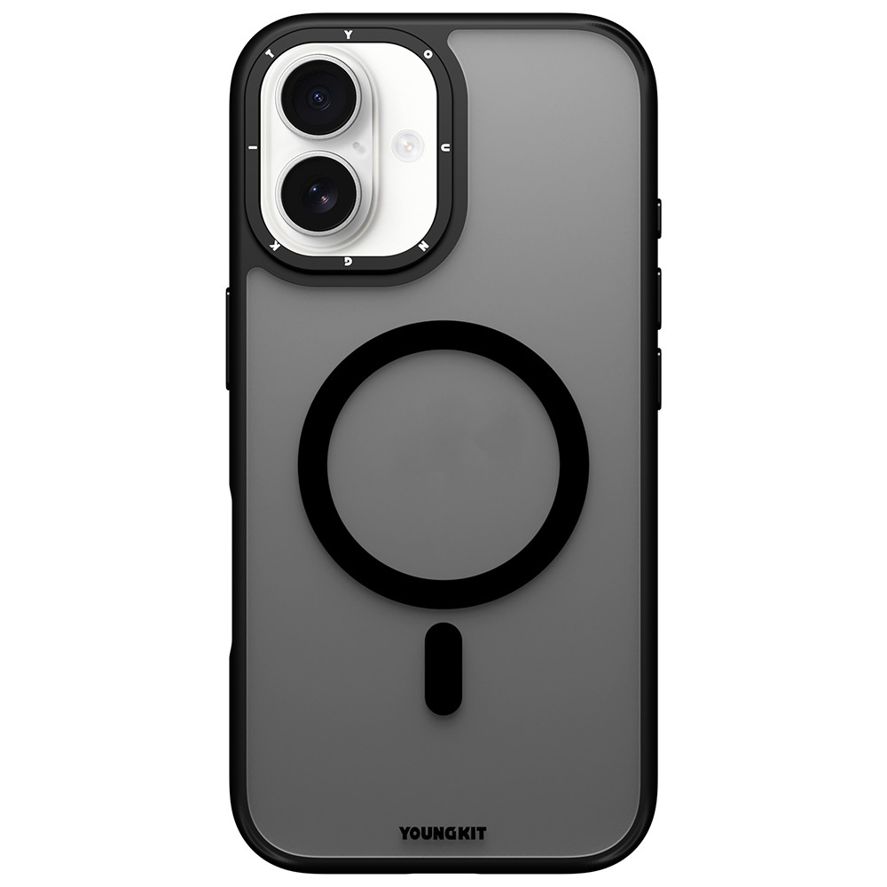 [RNZ-TA115233] Apple iPhone 16 Uyumlu Kılıf M-safe Şarj Özellikli Cam Arka Yüzey TPU Youngkit Gemstone Serisi Kapak (Siyah)