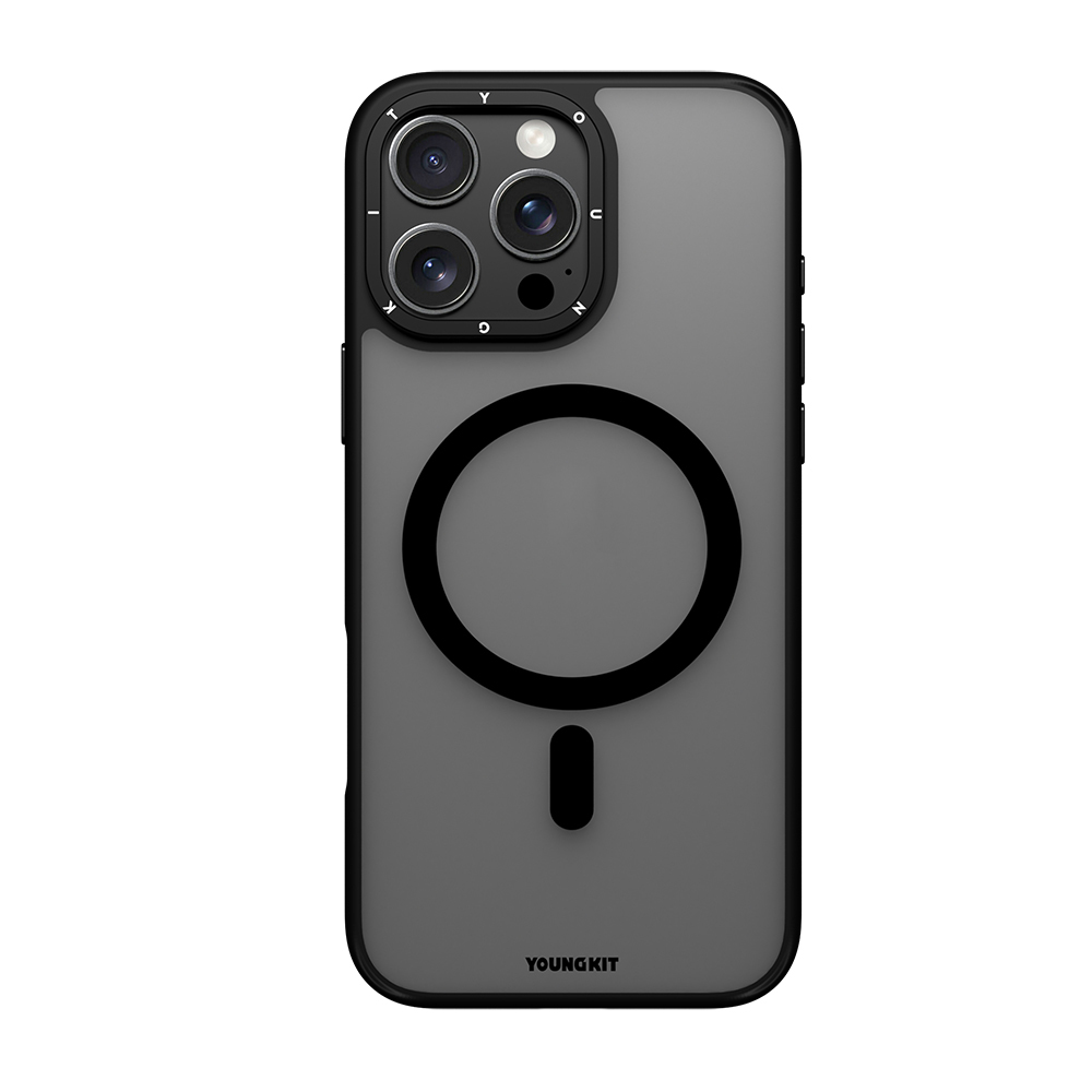 [RNZ-TA115239] Apple iPhone 16 Pro Uyumlu Kılıf M-safe Şarj Özellikli Cam Arka Yüzey TPU Youngkit Gemstone Serisi Kapak (Siyah)