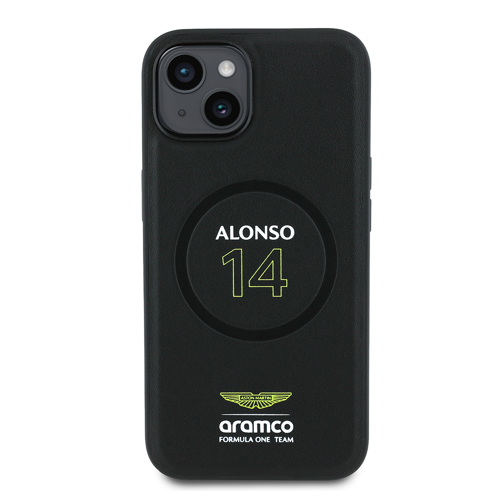 Apple iPhone 14 Uyumlu Kılıf Aston Martin Orjinal Lisanslı M-safe Şarj Özellikli PU Deri Alonso 14 Baskılı Kapak