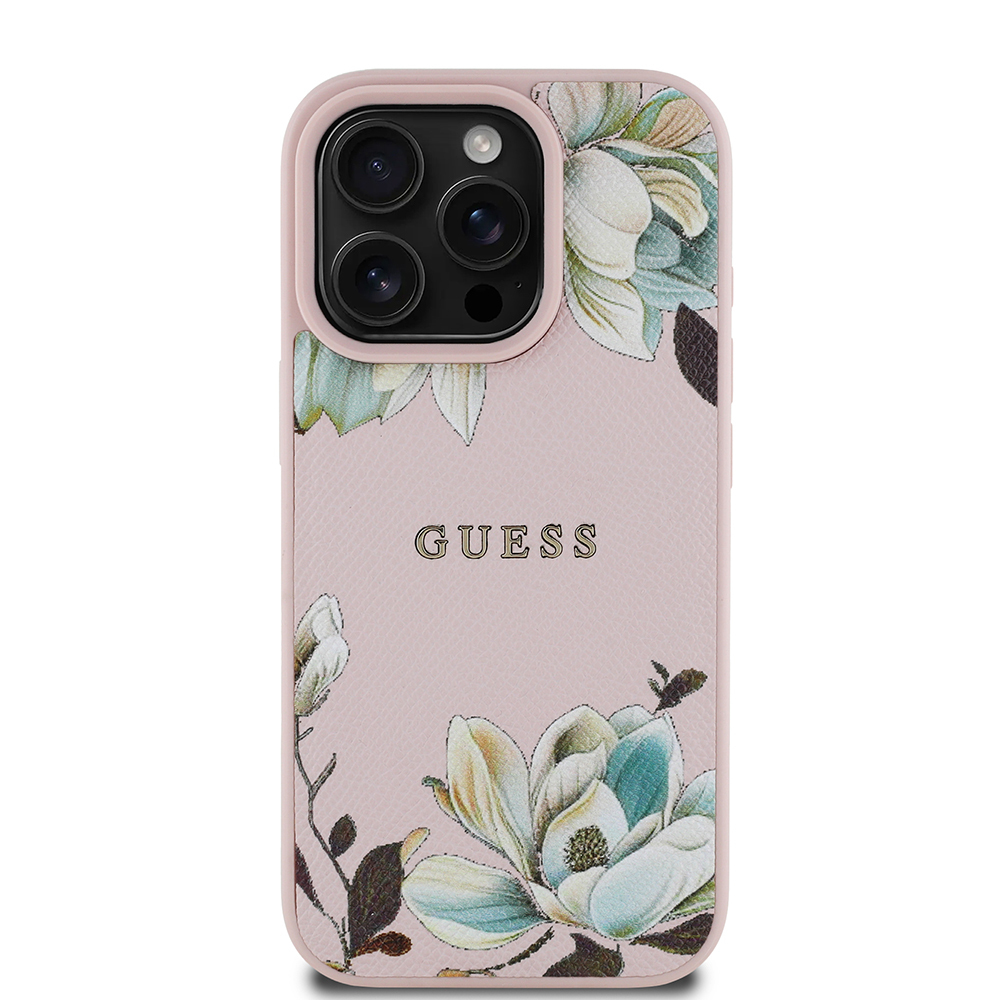 Apple iPhone 16 Pro Max Uyumlu Kılıf Guess Orjinal Lisanslı M-safe Şarj Özellikli Taneli Çiçek Tasarımlı Metal Yazı Logolu Kapak