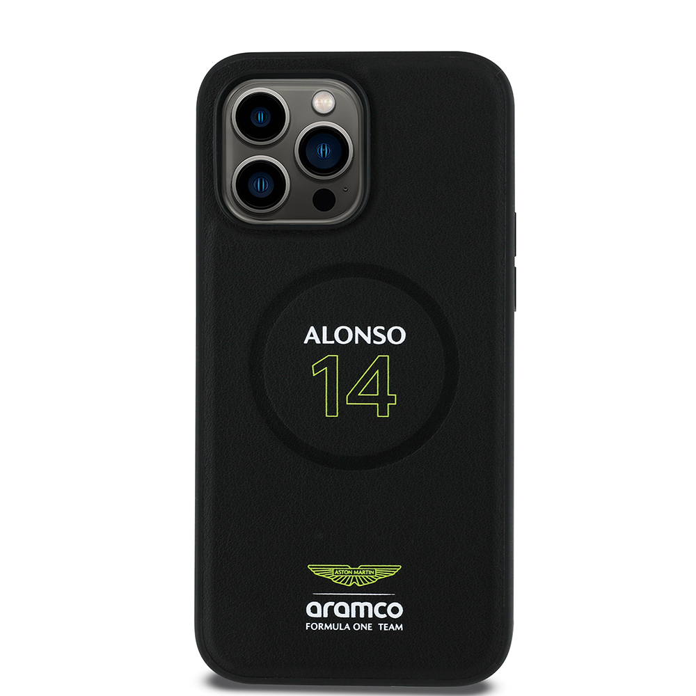 [RNZ-TA115087] Apple iPhone 14 Pro Max Uyumlu Kılıf Aston Martin Orjinal Lisanslı M-safe Şarj Özellikli PU Deri Alonso 14 Baskılı Kapak