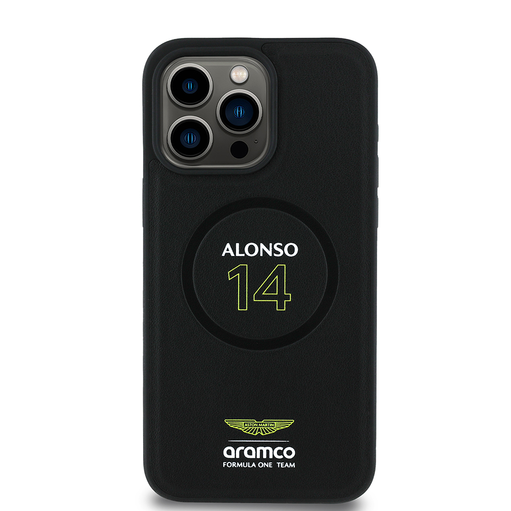 Apple iPhone 15 Pro Max Uyumlu Kılıf Aston Martin Orjinal Lisanslı M-safe Şarj Özellikli PU Deri Alonso 14 Baskılı Kapak