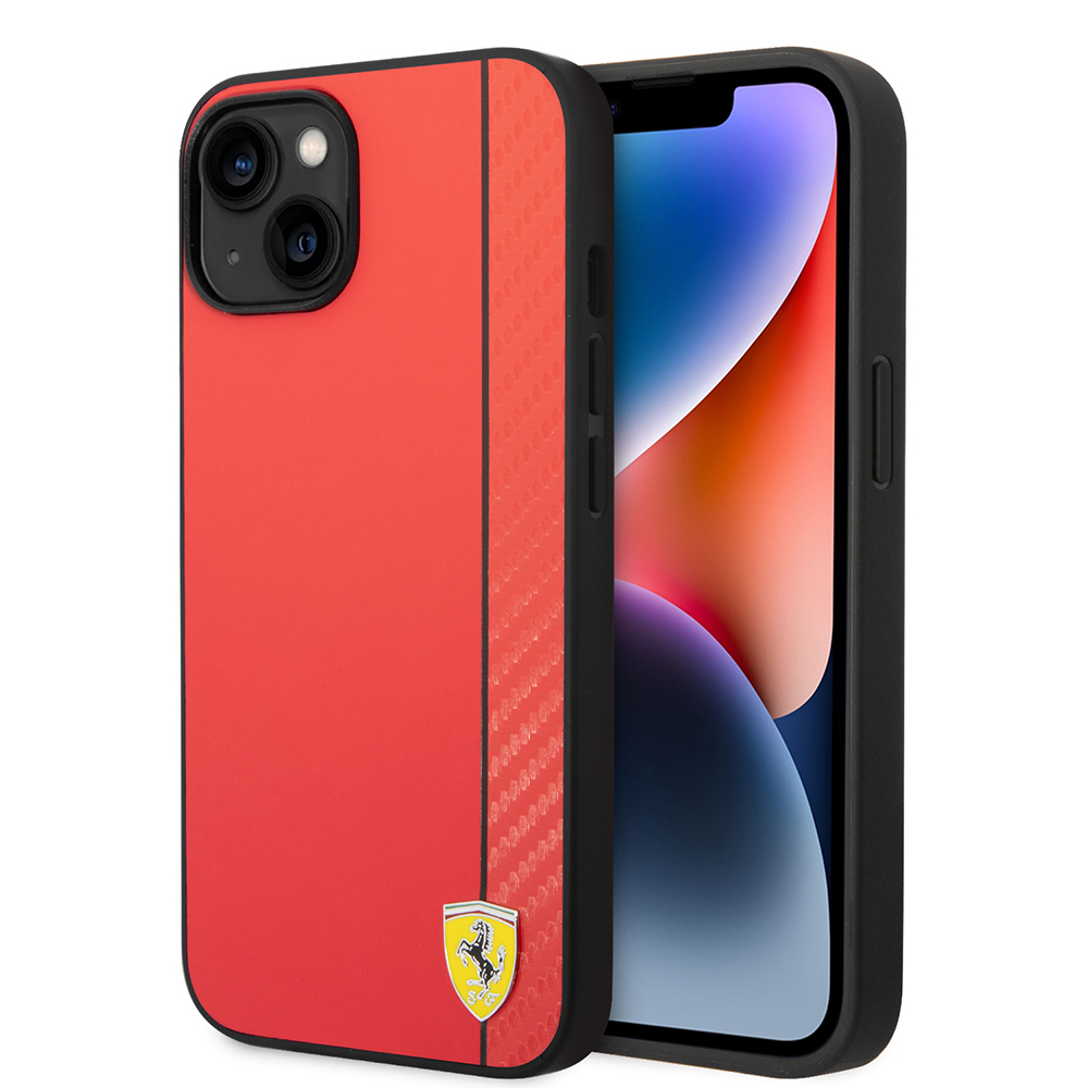 Apple iPhone 14 Uyumlu Kılıf Ferrari Orjinal Lisanslı M-safe Şarj Özellikli Pu Deri Ve Karbon Şeritli Dizayn Kapak
