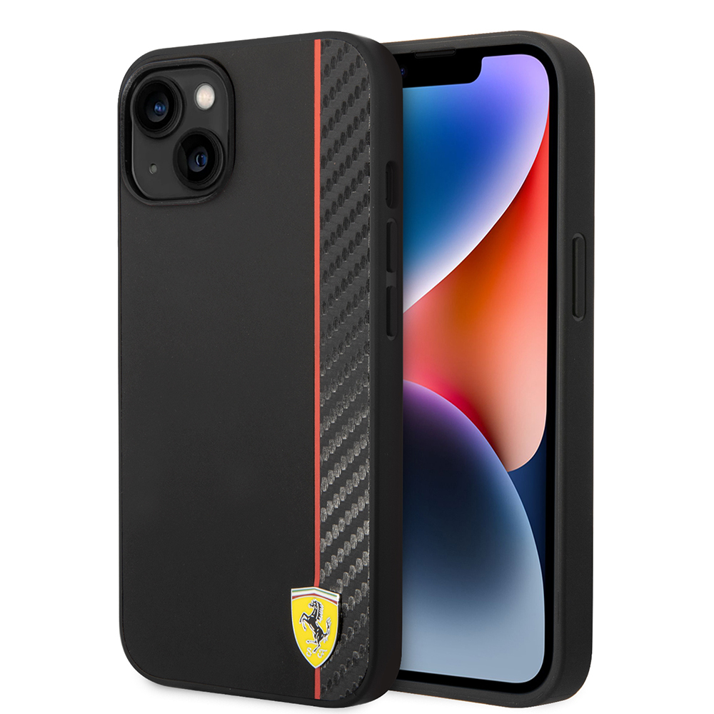 Apple iPhone 14 Uyumlu Kılıf Ferrari Orjinal Lisanslı M-safe Şarj Özellikli Pu Deri Ve Karbon Şeritli Dizayn Kapak
