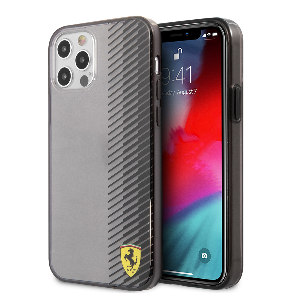 Apple iPhone 12 Pro Max Uyumlu Kılıf Ferrari Orjinal Lisanlı Klasik Metal Logolu Transparan Çizgi Desenli Gradient Kapak