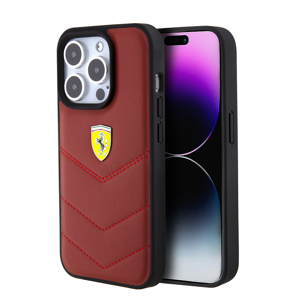 Apple iPhone 15 Pro Uyumlu Kılıf Ferrari Orjinal Lisanslı Deri Dikişli Arka Yüzey Metal Logo Tasarımlı Kapak
