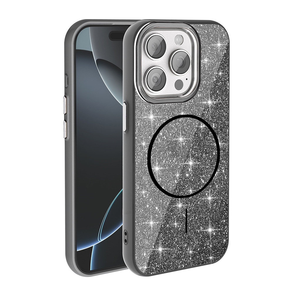 [RNZ-TA114866] Apple iPhone 15 Pro Uyumlu Kılıf M-safe Şarj Özellikli Parlayan Simli Zore Okso Kapak (Siyah)