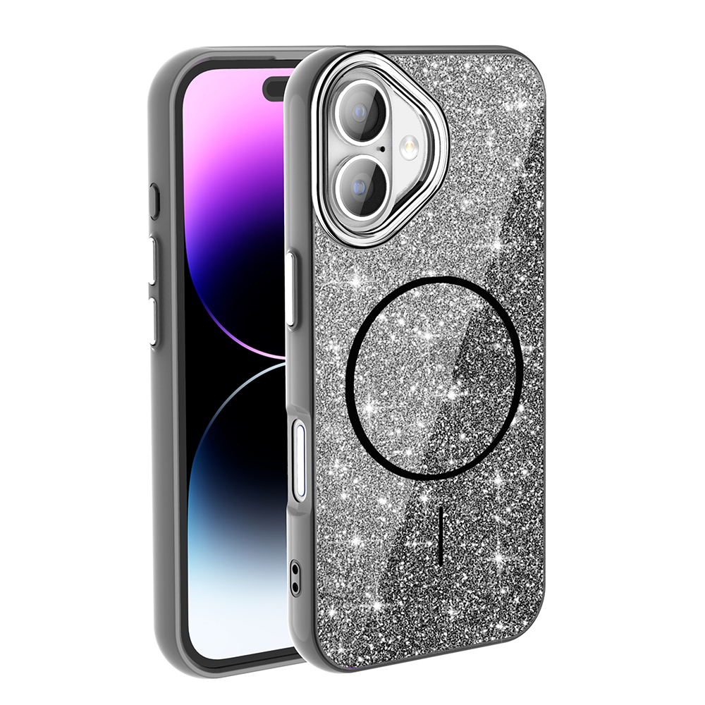 [RNZ-TA114876] Apple iPhone 16 Uyumlu Kılıf M-safe Şarj Özellikli Parlayan Simli Zore Okso Kapak (Siyah)