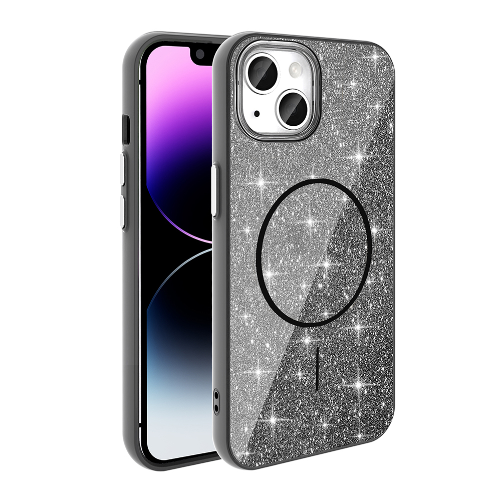 [RNZ-TA114841] Apple iPhone 11 Uyumlu Kılıf M-safe Şarj Özellikli Parlayan Simli Zore Okso Kapak (Siyah)