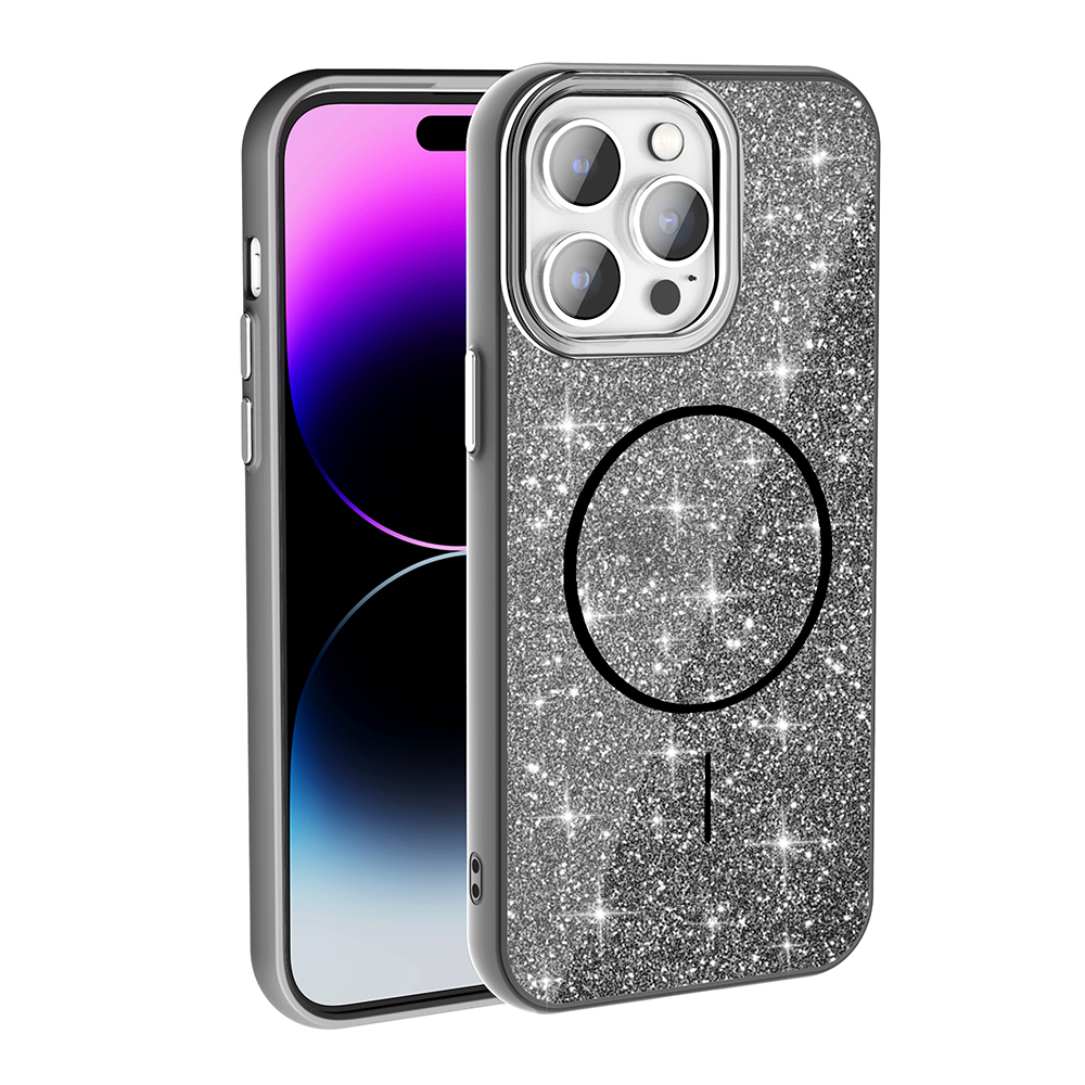 [RNZ-TA114856] Apple iPhone 14 Pro Max Uyumlu Kılıf M-safe Şarj Özellikli Parlayan Simli Zore Okso Kapak (Siyah)
