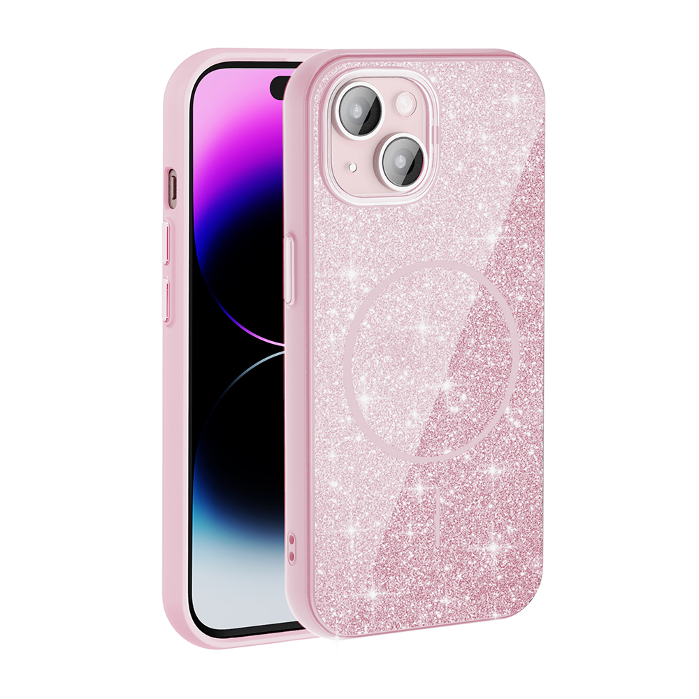 Apple iPhone 15 Uyumlu Kılıf M-safe Şarj Özellikli Parlayan Simli Zore Okso Kapak