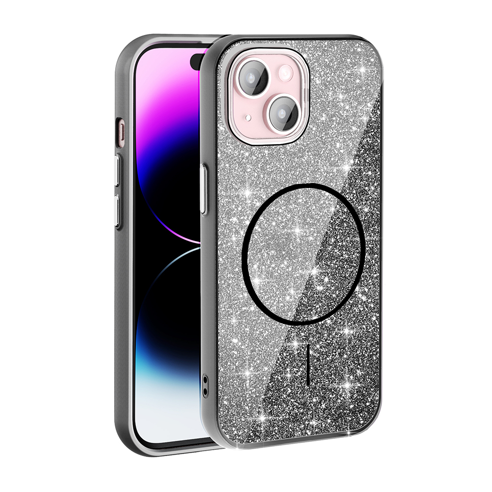[RNZ-TA114861] Apple iPhone 15 Uyumlu Kılıf M-safe Şarj Özellikli Parlayan Simli Zore Okso Kapak (Siyah)
