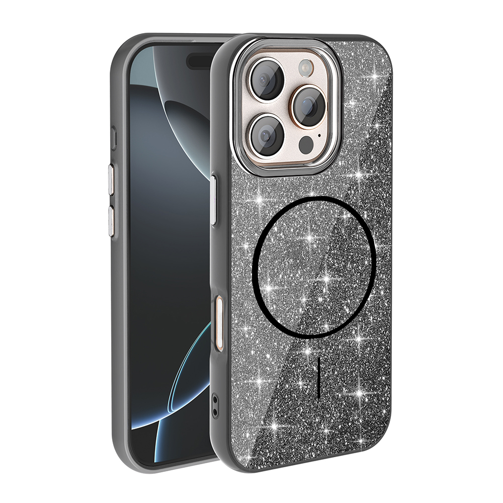 [RNZ-TA114886] Apple iPhone 16 Pro Max Uyumlu Kılıf M-safe Şarj Özellikli Parlayan Simli Zore Okso Kapak (Siyah)