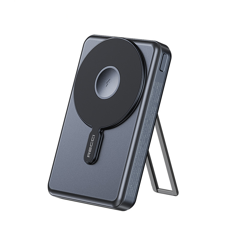 [RNZ-TA114142] Recci RPB-W23 PD 20W Led Göstergeli Standlı Kablosuz Şarj Özellikli Type-C ve Lightning Kablolu Powerbank 15W 10000mAh (Siyah)