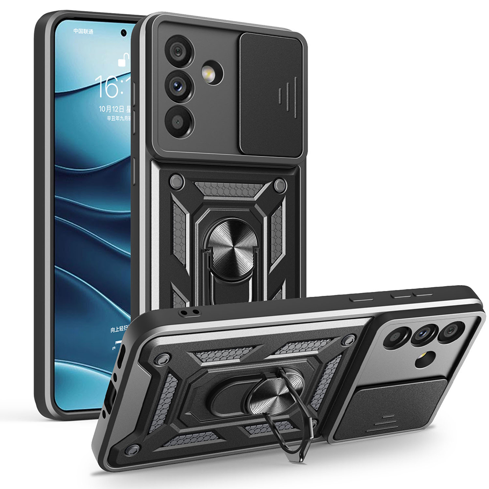 [RNZ-TA115441] Samsung Galaxy A56 Uyumlu Kılıf Magnetik Standlı Kamera Korumalı Zore Sürgülü Vega Kapak (Siyah)