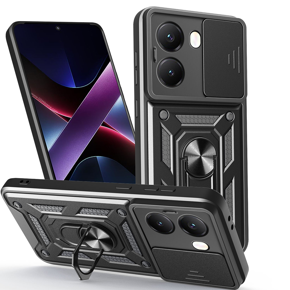 [RNZ-TA116026] Xiaomi Poco X7 Pro Uyumlu Kılıf Magnetik Standlı Kamera Korumalı Zore Sürgülü Vega Kapak (Siyah)