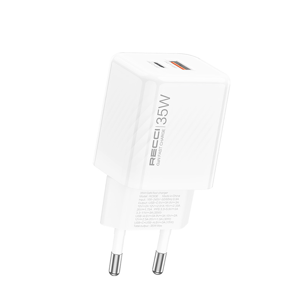 [RNZ-TA115682] Recci RC83E Type-C PD & USB-A GaN Teknolojili QC3.0 Hızlı Şarj Başlığı 35W