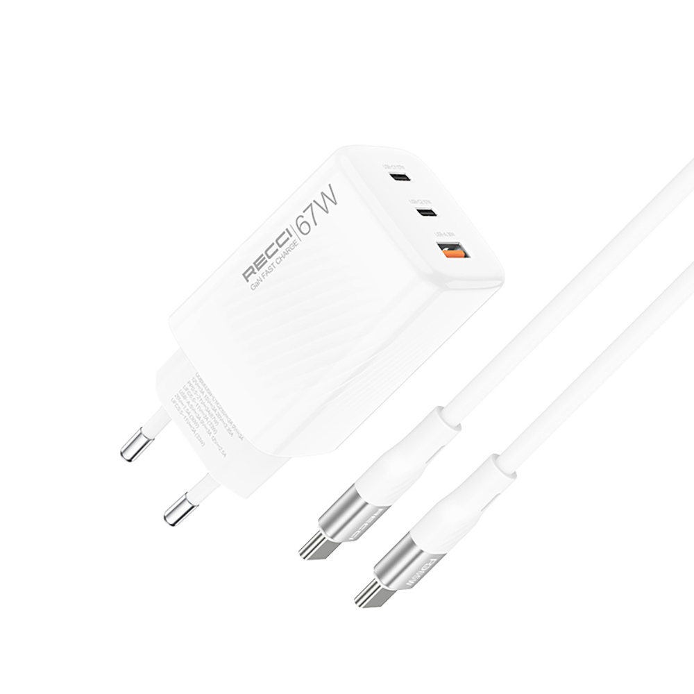 [RNZ-TA115684] Recci RC85E GaN Teknolojili Hızlı Şarj Başlığı USB-A to Type-C PD 67W Kablolu Şarj Seti