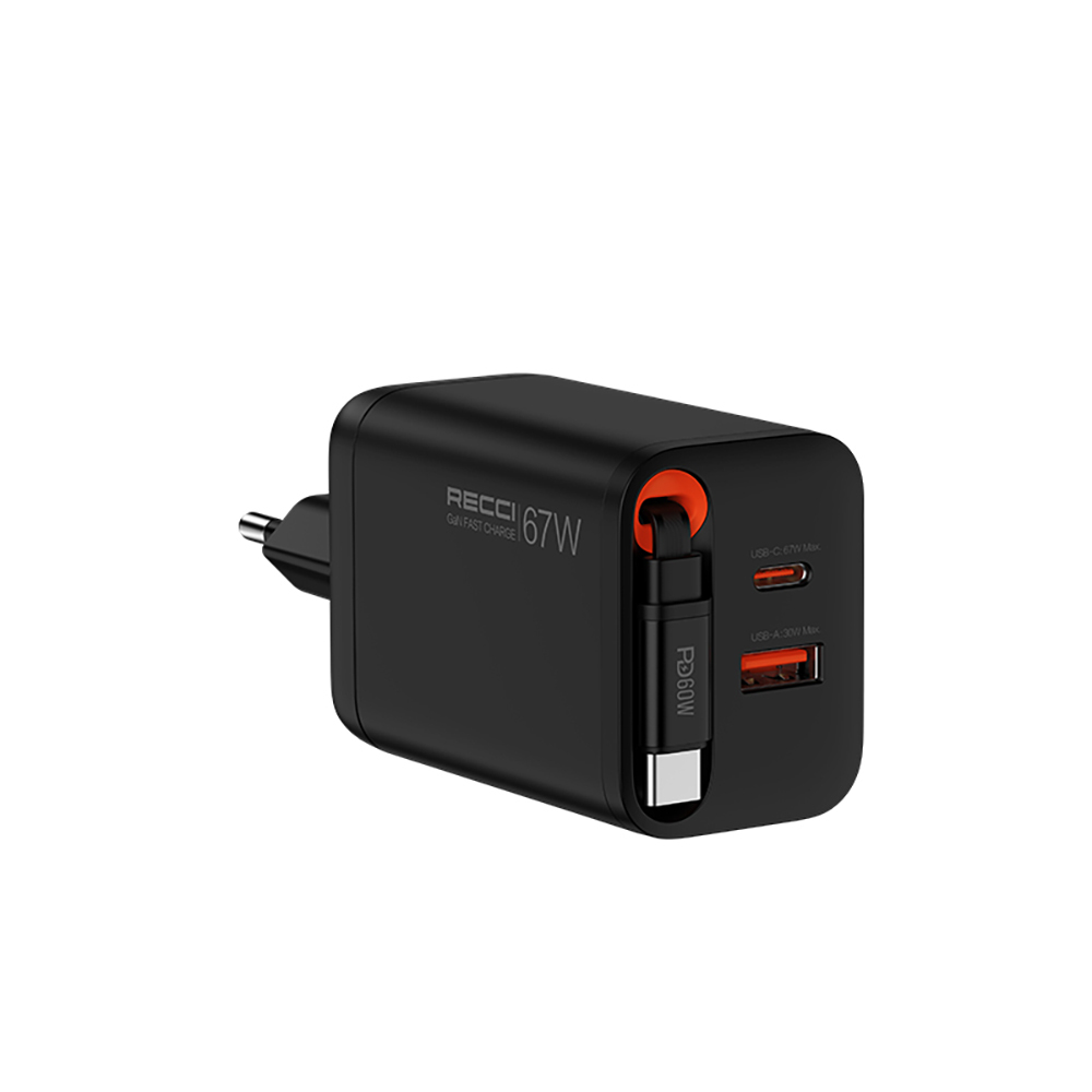 [RNZ-TA115686] Recci RC103E GaN Teknolojili Hızlı Şarj Başlığı USB-A to Type-C PD 67W Type-C Kablolu Şarj Seti