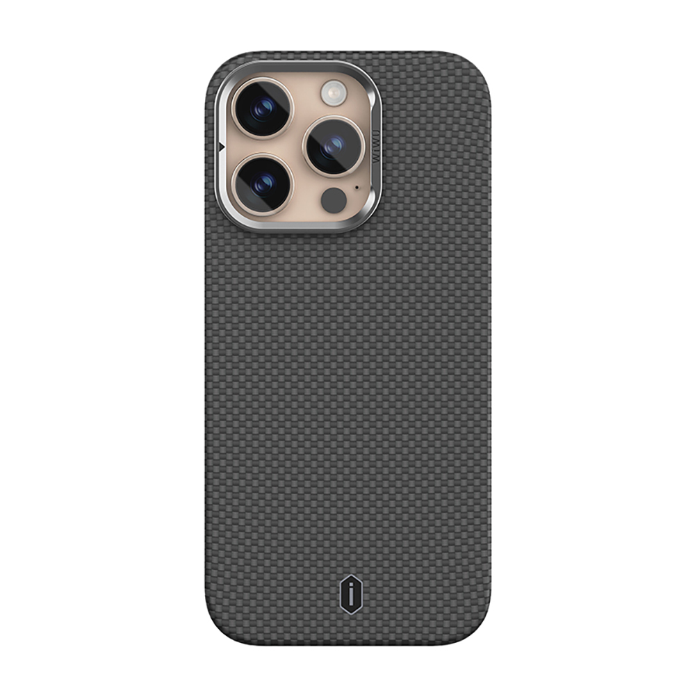 [RNZ-TA116667] Apple iPhone 16 Pro Uyumlu Kılıf Wiwu DCC-208 M-safe Şarj Özellikli Kamera Standlı Aramid Fiber Tasarım Kevlar Kapak (Siyah)