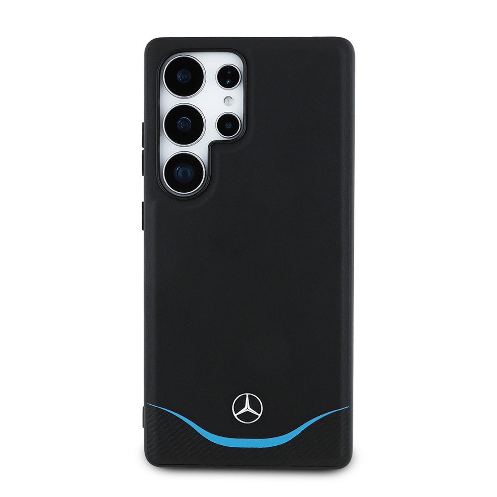 [RNZ-TA116152] Samsung Galaxy S25 Ultra Uyumlu Kılıf Mercedes Benz Orjinal Lisanslı M-safe Şarj Özellikli 3D Metal Logolu Mavi Yatay Eğri Çizgili Deri Kapak