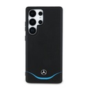 Samsung Galaxy S25 Ultra Uyumlu Kılıf Mercedes Benz Orjinal Lisanslı M-safe Şarj Özellikli 3D Metal Logolu Mavi Yatay Eğri Çizgili Deri Kapak