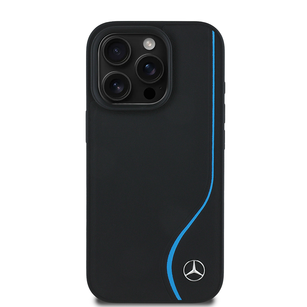 Apple iPhone 16 Pro Max Uyumlu Kılıf Mercedes Benz Orjinal Lisanslı M-safe Şarj Özellikli 3D Metal Logolu Mavi Dikey Eğri Çizgili Deri Kapak
