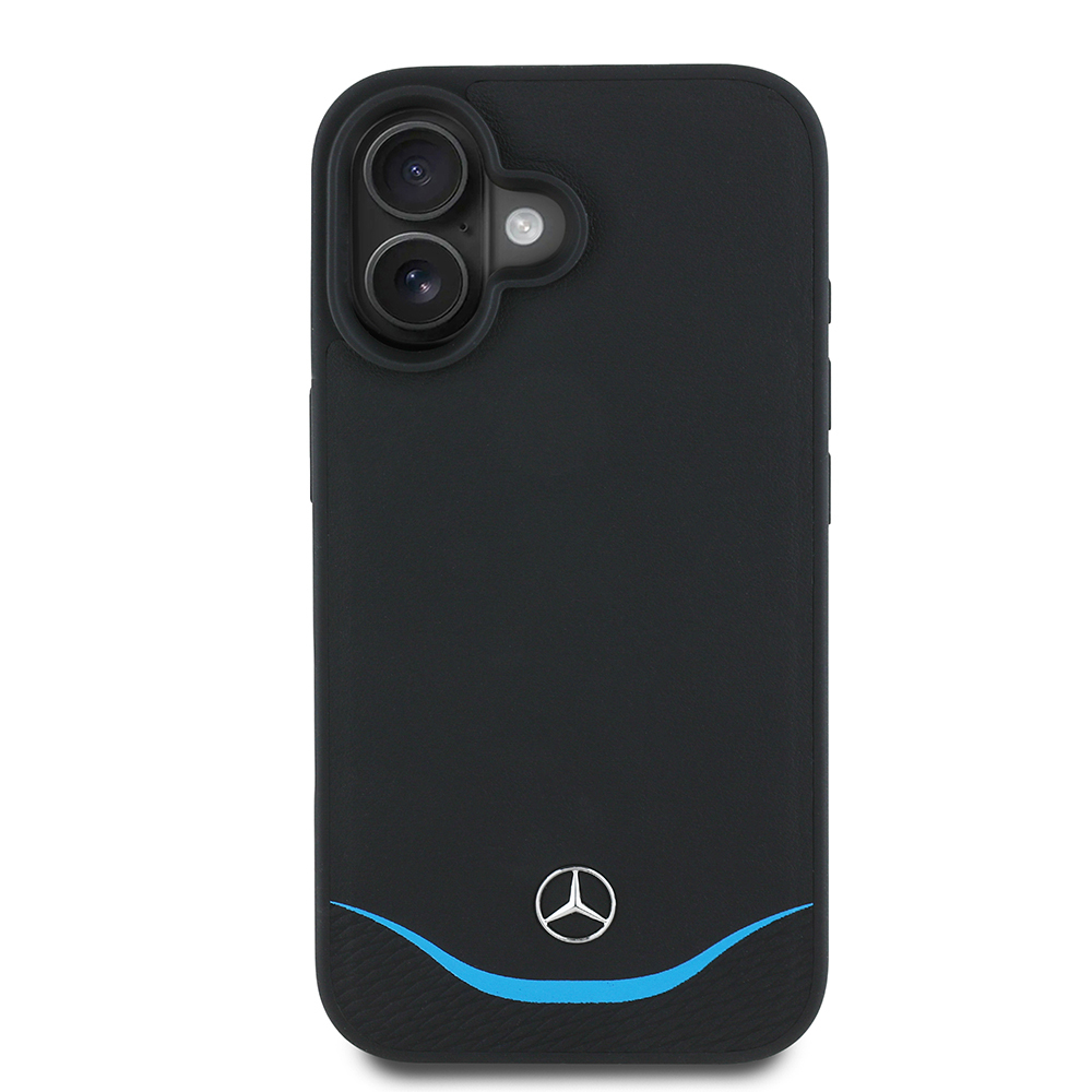 [RNZ-TA116147] Apple iPhone 16 Uyumlu Kılıf Mercedes Benz Orjinal Lisanslı M-safe Şarj Özellikli 3D Metal Logolu Mavi Yatay Eğri Çizgili Deri Kapak