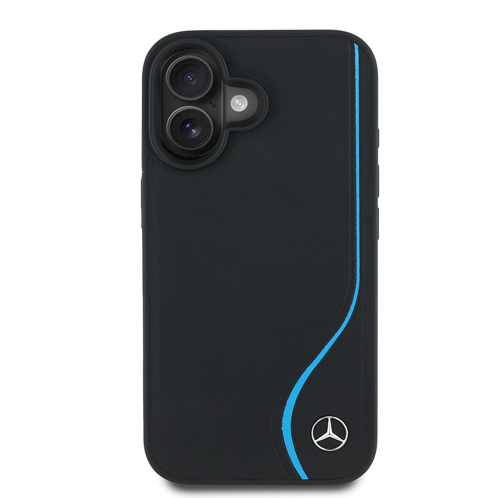 Apple iPhone 16 Uyumlu Kılıf Mercedes Benz Orjinal Lisanslı M-safe Şarj Özellikli 3D Metal Logolu Mavi Dikey Eğri Çizgili Deri Kapak