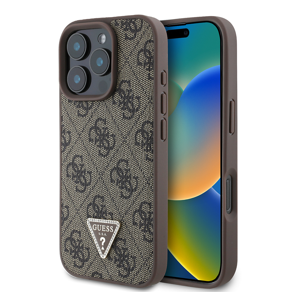 Apple iPhone 16 Pro Uyumlu Kılıf Guess Orjinal Lisanslı PU Deri Taşlı Üçgen Logo 4G Desenli Strass Kapak